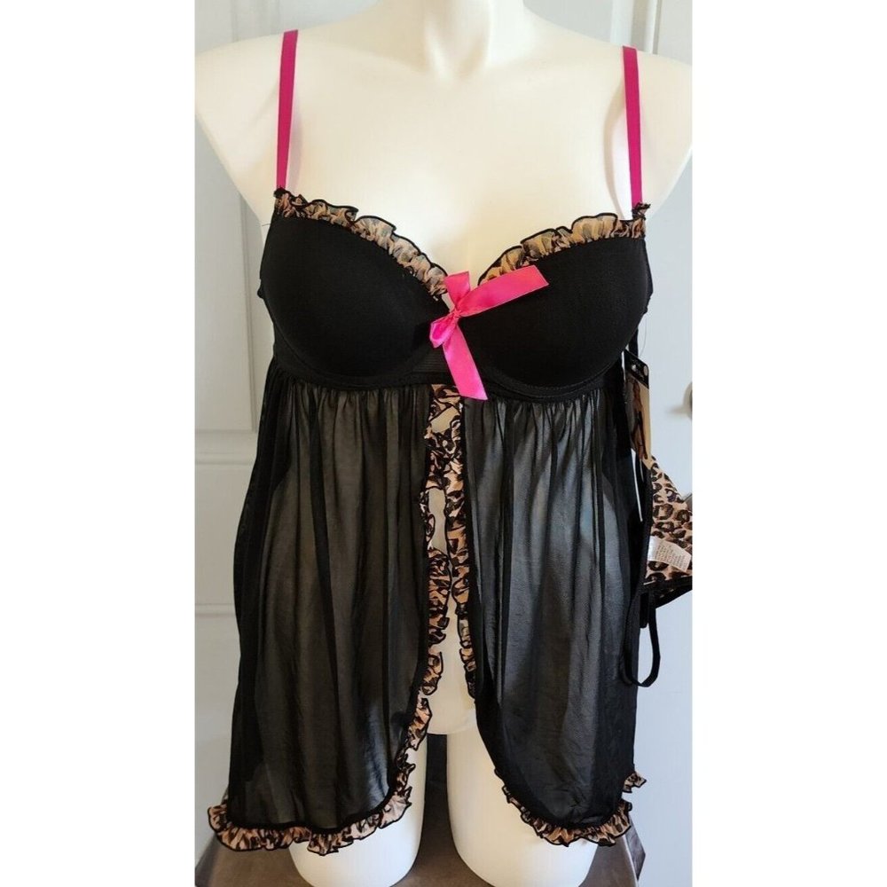 NEW Spree Intimates Women's Lingerie Babydoll Open Top Woth Matching Thong Sz L